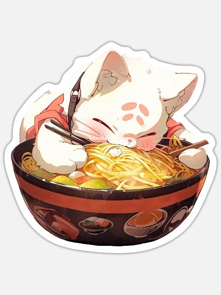 Anime Manga Kawaii Katze isst Ramen Nudeln - Sticker Größe S (10 x 10 cm) - Mattweiß
