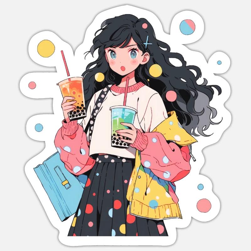 Anime et Boba Bubble Tea - Sticker taille S (10 x 10 cm) - blanc mat
