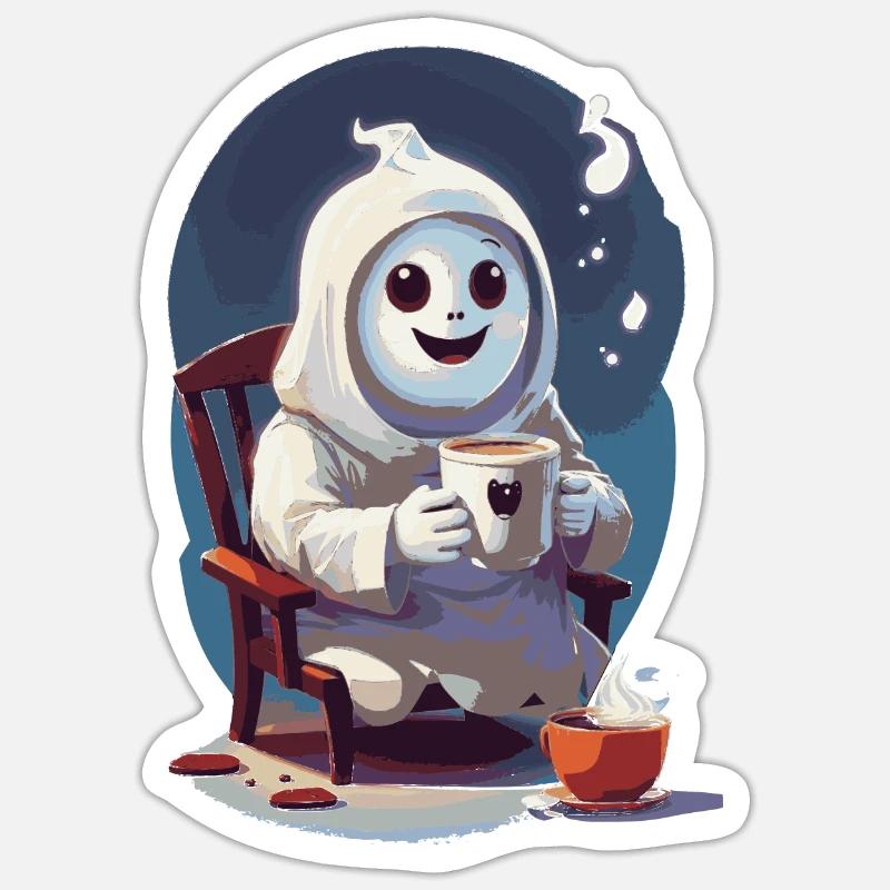 Cute little ghost drinking coffee Sticker size S (10 x 10 cm)