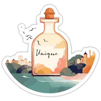 Perfümflasche "Unique" in einer schönen Landschaft - Sticker Größe S (10 x 10 cm) - Mattweiß - Vorne