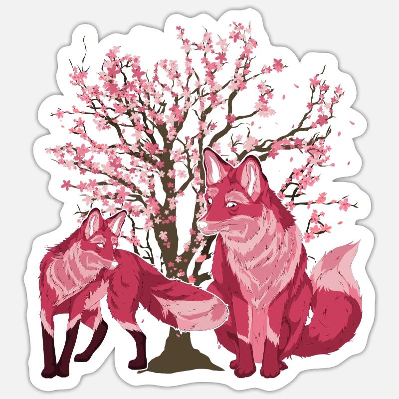 Sakura Baum Wald Tier Geschenk Kirschblüten Fuchs - Sticker Größe S (10 x 10 cm) - Mattweiß