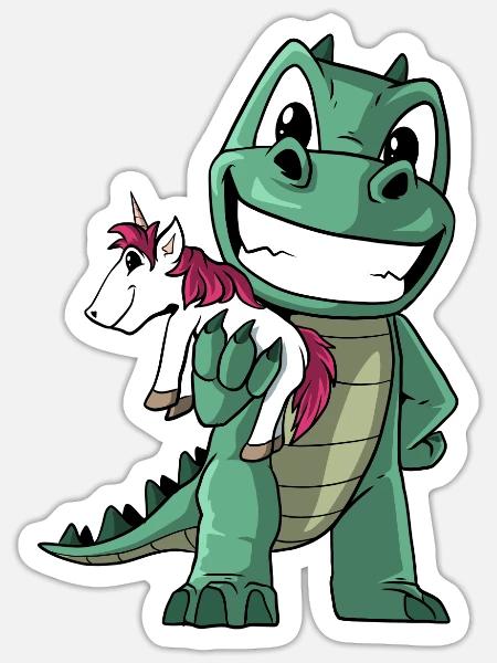 Dinosaurier mit einem niedlichen Einhorn - Sticker Größe S (10 x 10 cm) - Mattweiß