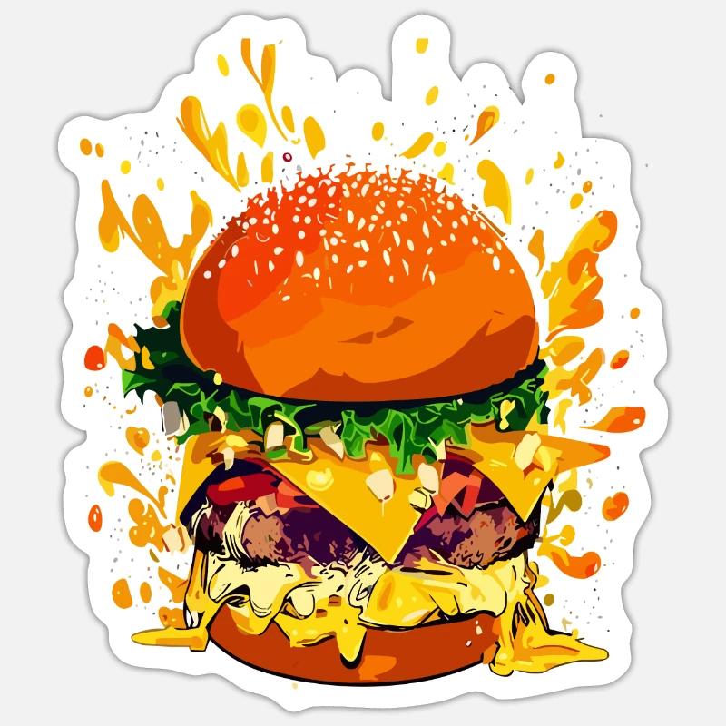 Extravaganter Cheeseburger mit Käse Splatter - Sticker Größe S (10 x 10 cm) - Mattweiß