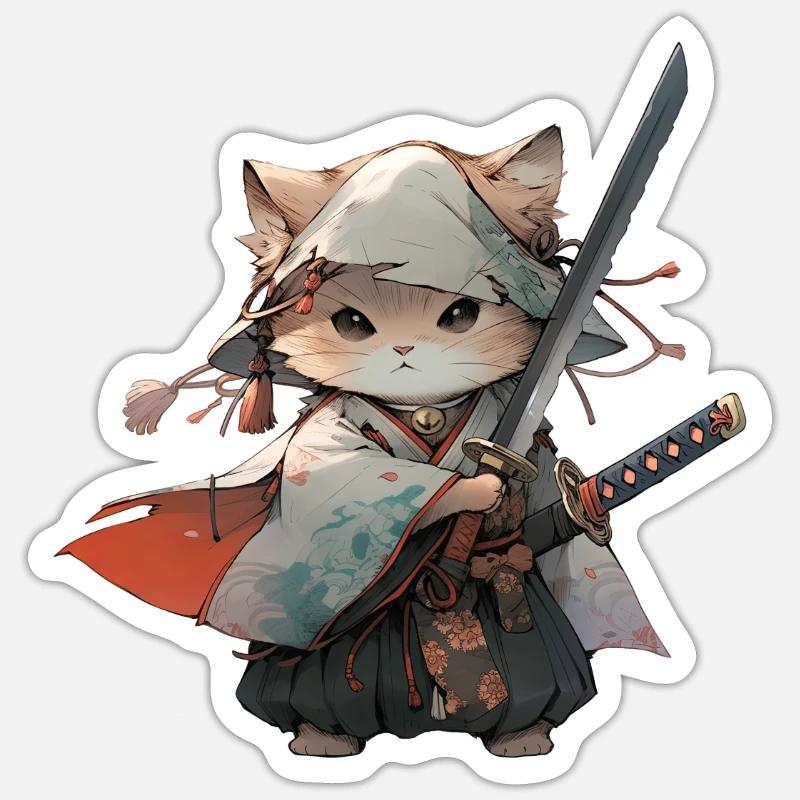 Chat d’Asie Samouraï japonais Samouraï - Sticker taille S (10 x 10 cm) - blanc mat