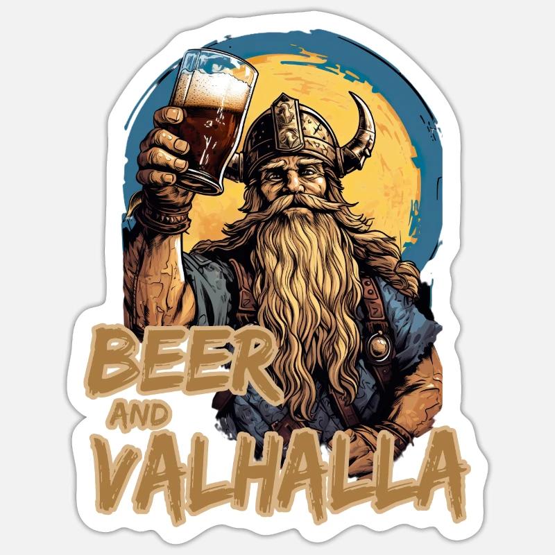 Beer And Valhalla Wikinger - Sticker Größe S (10 x 10 cm) - Mattweiß