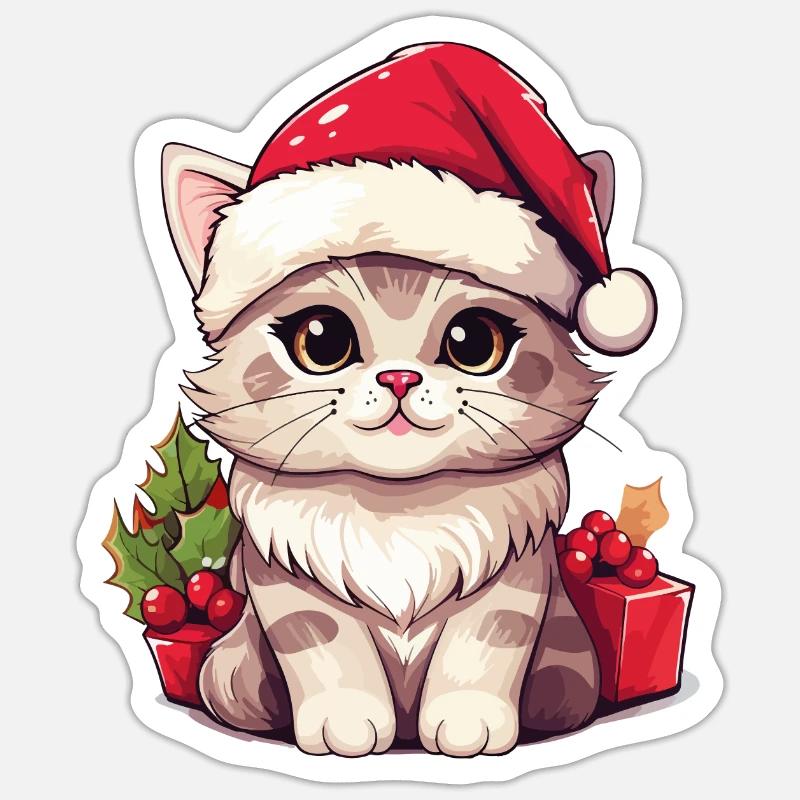Chat Noël Noël Chat Mignon Dessin Animé - Sticker taille S (10 x 10 cm) - blanc mat
