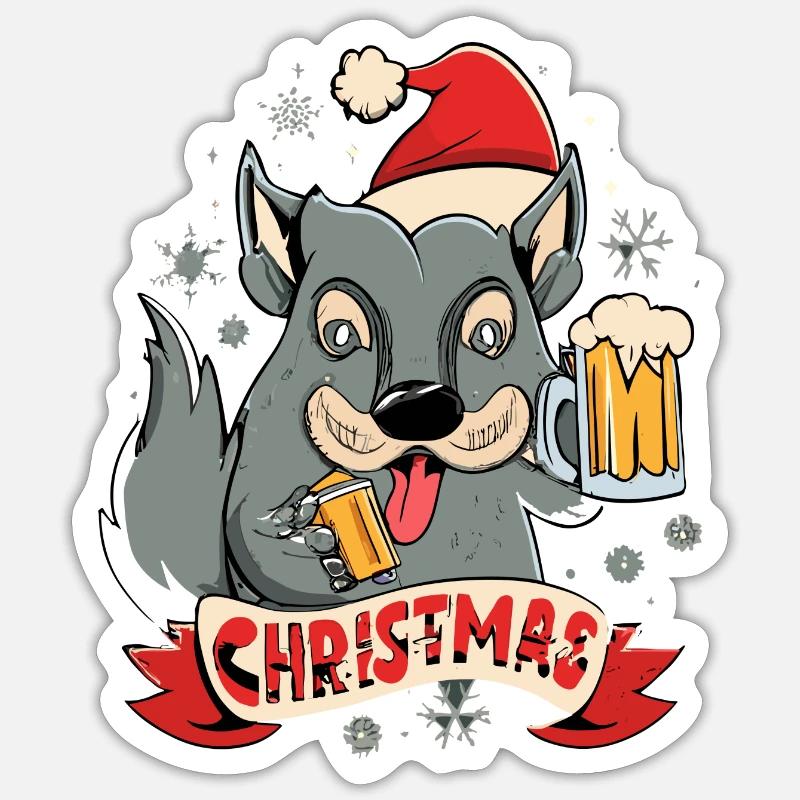 Wolf Bier Weihnachten Geschenk - Sticker Größe S (10 x 10 cm) - Mattweiß