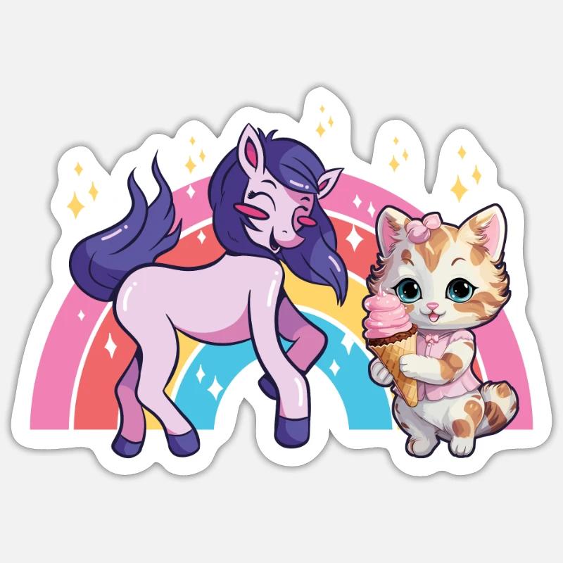 Katze Kätzchen-Mädchen Pferde-Mädchen Eiscreme Sticker Größe S (10 x 10 cm)