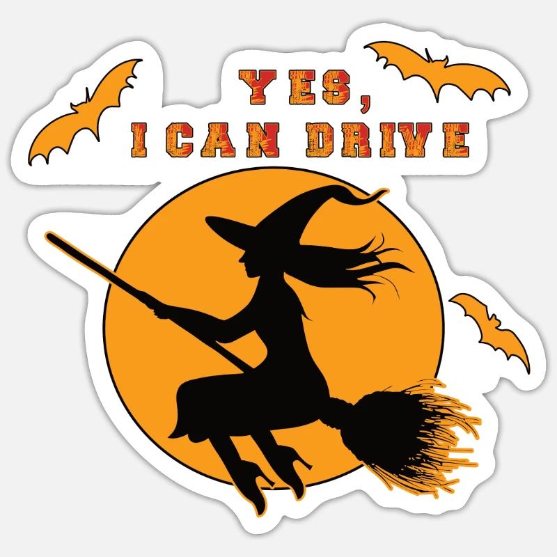 Witch, Yes I can drive - Sticker taille S (10 x 10 cm) - blanc mat