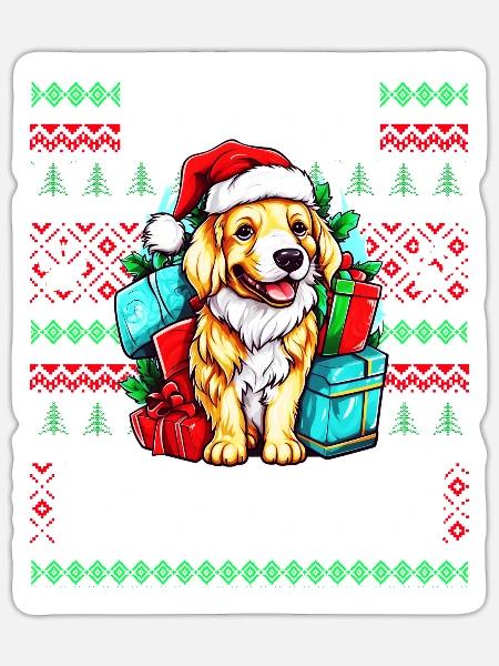 Golden Retriever Hund Lustige Weihnachten Hässlicher Pullover - Sticker Größe S (10 x 10 cm) - Mattweiß