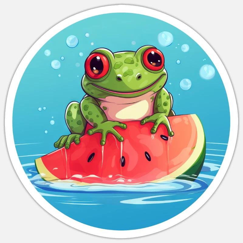 Grenouille sur pastèque dans la mer - Sticker taille S (10 x 10 cm) - blanc mat