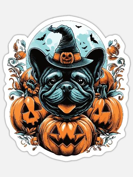 Halloween Französische Bulldogge mit Hexenhut - Sticker Größe S (10 x 10 cm) - Mattweiß