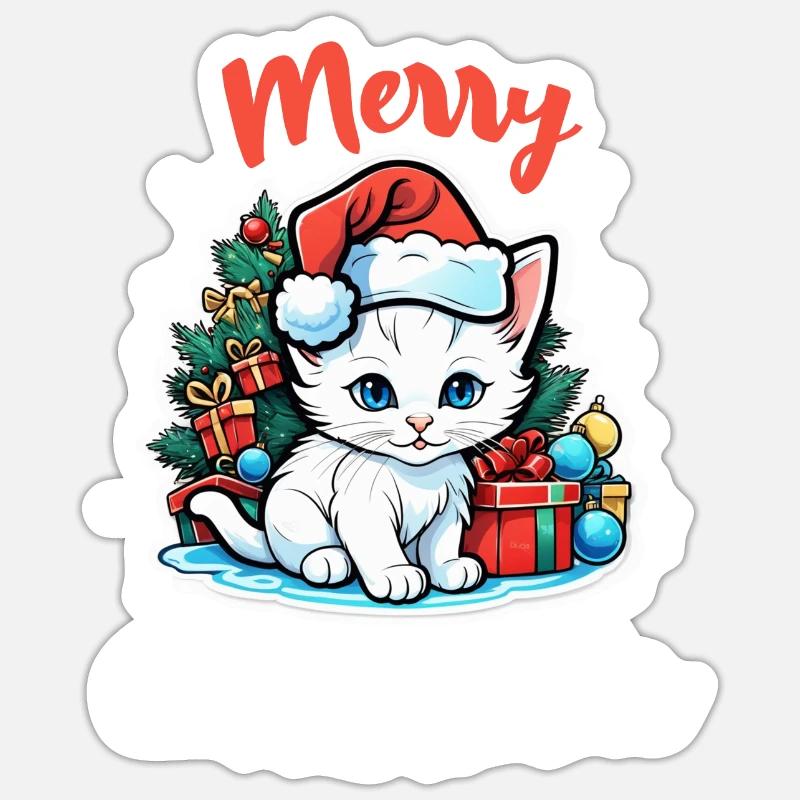 chat noel - joyeux noel - Sticker taille S (10 x 10 cm) - blanc mat