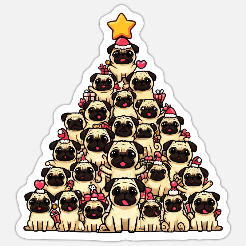 Mops-Fest: Ein Weihnachtsbaum aus Hunden - Sticker Größe S (10 x 10 cm) - Mattweiß