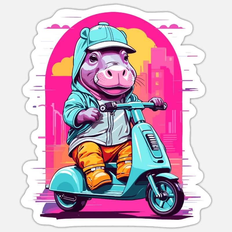 Nilpferd auf Roller - Sticker Größe S (10 x 10 cm) - Mattweiß