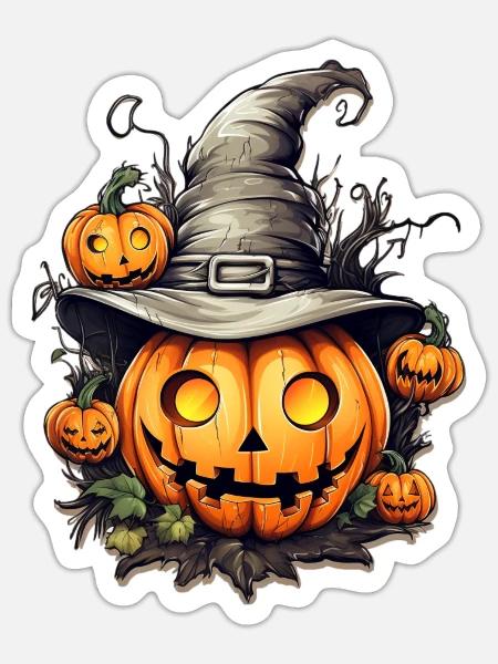 Kürbiskopf mit Hexenhut, Halloween - Sticker Größe S (10 x 10 cm) - Mattweiß