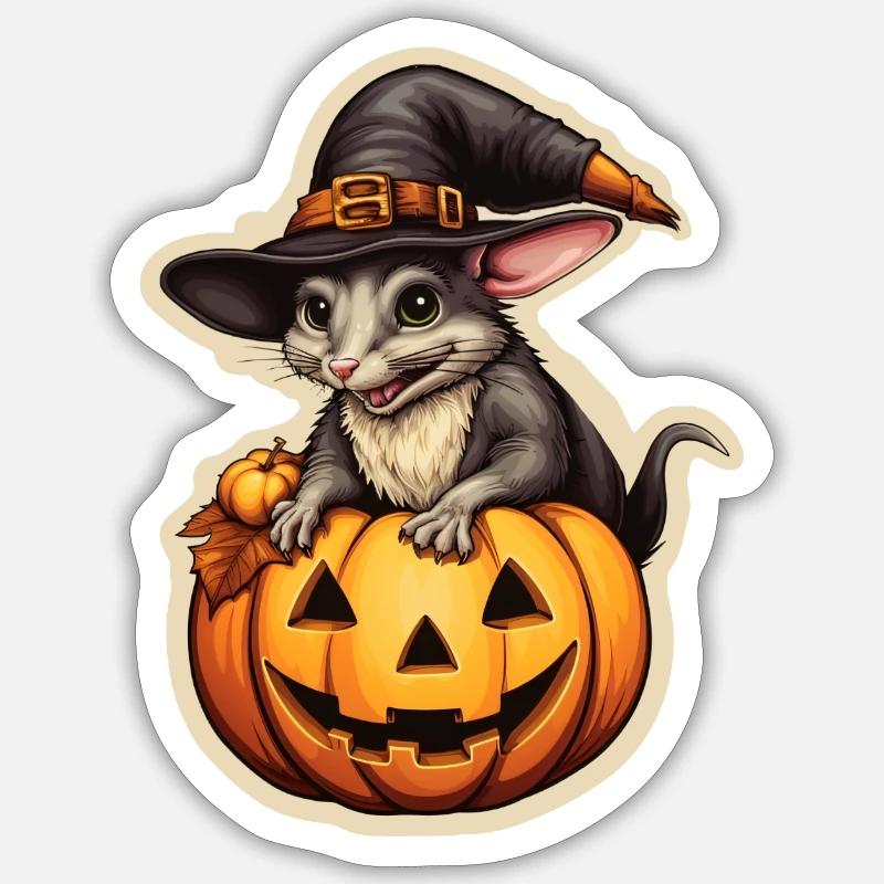 Halloween Witch Rat with Pumpkin - Sticker size S (10 x 10 cm) - white matte