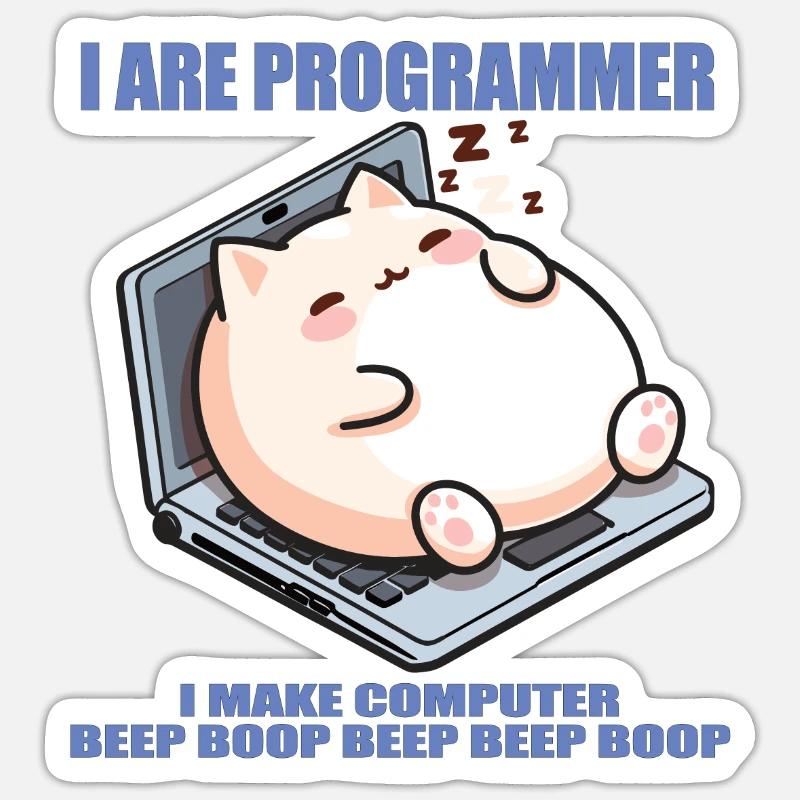 Je suis programmeur, gros chat endormi - Sticker taille S (10 x 10 cm) - blanc mat