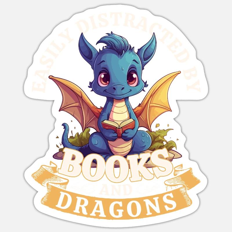 Easily Distracted By Books And Dragons: Drachen - Sticker Größe S (10 x 10 cm) - Mattweiß