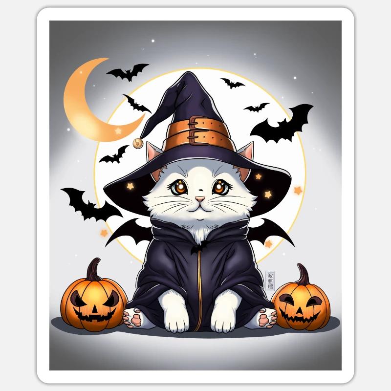 Cute Halloween Neko Witch - Sticker size S (10 x 10 cm) - white matte