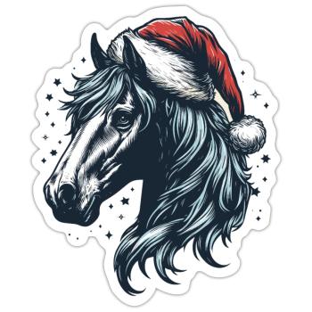 Tête de cheval avec chapeau de père Noël - Sticker taille S (10 x 10 cm) - blanc mat - Devant