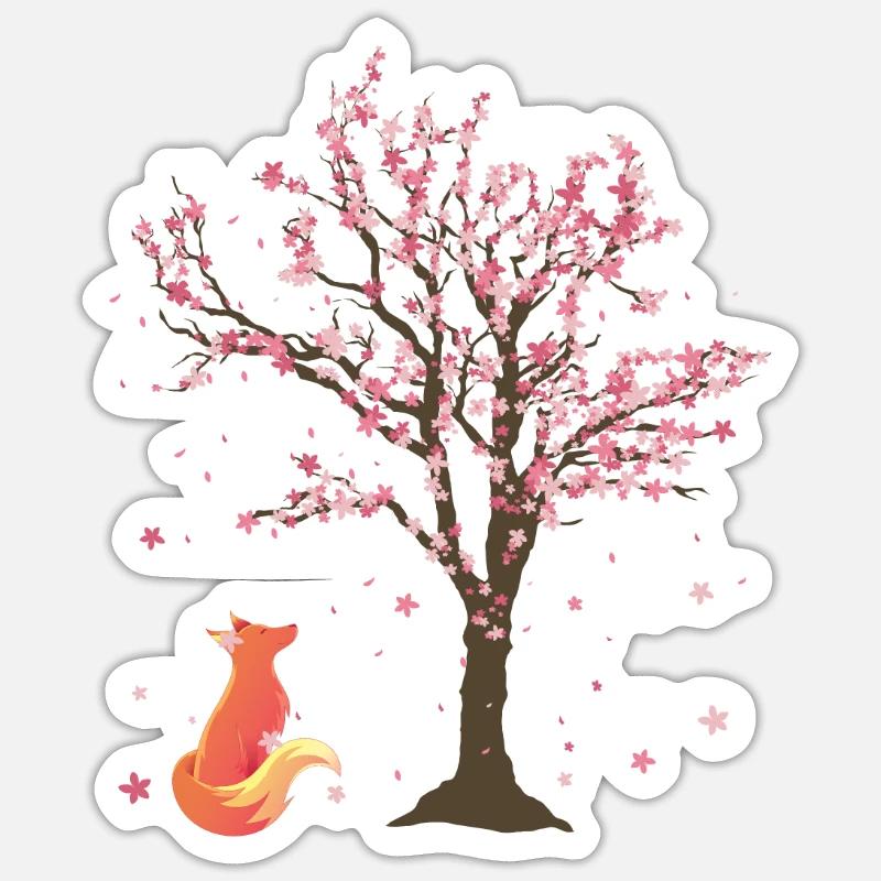Sakura Baum Wald Tier Geschenk Kirschblüten Fuchs - Sticker Größe S (10 x 10 cm) - Mattweiß
