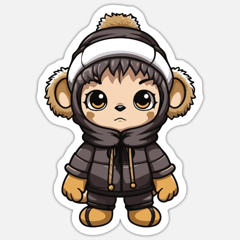 Affe Winter Comic Niedlich - Sticker Größe S (10 x 10 cm) - Mattweiß
