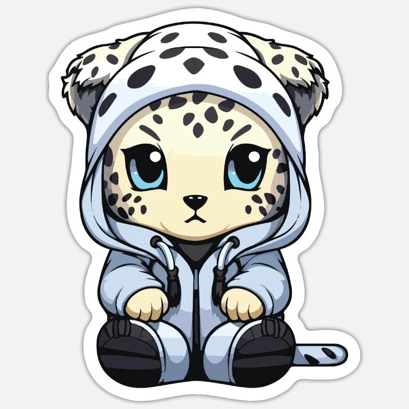 Schneeleopard Winter leopard Comic Niedlich - Sticker Größe S (10 x 10 cm) - Mattweiß