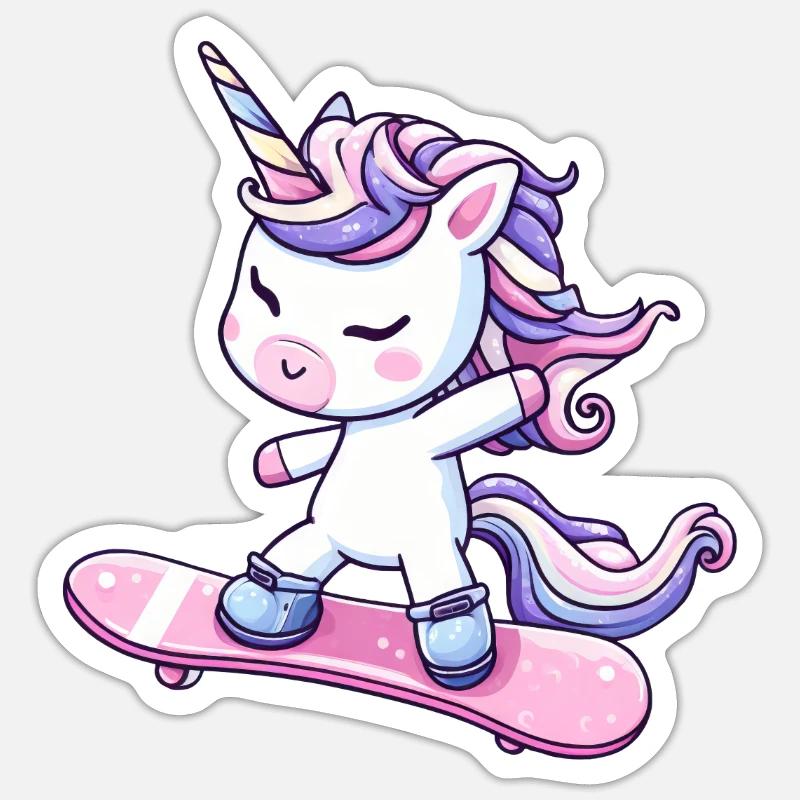 Süßes Einhorn Comic Skateboarder Sticker Größe S (10 x 10 cm)