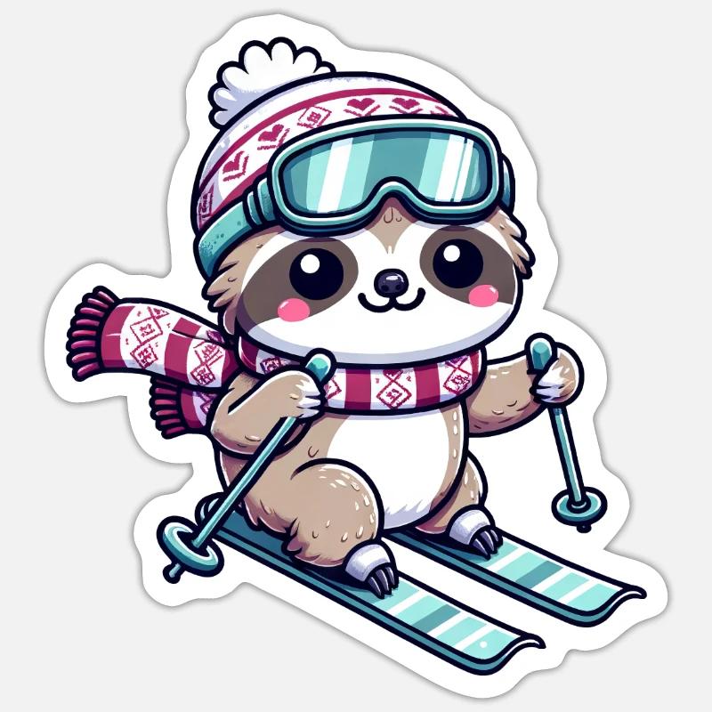 Cute Comic Sloth Skiing - Sticker size S (10 x 10 cm) - white matte