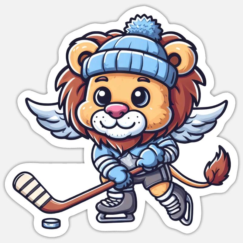 Süßer Comic Löwe Flügel Eishockey - Sticker Größe S (10 x 10 cm) - Mattweiß