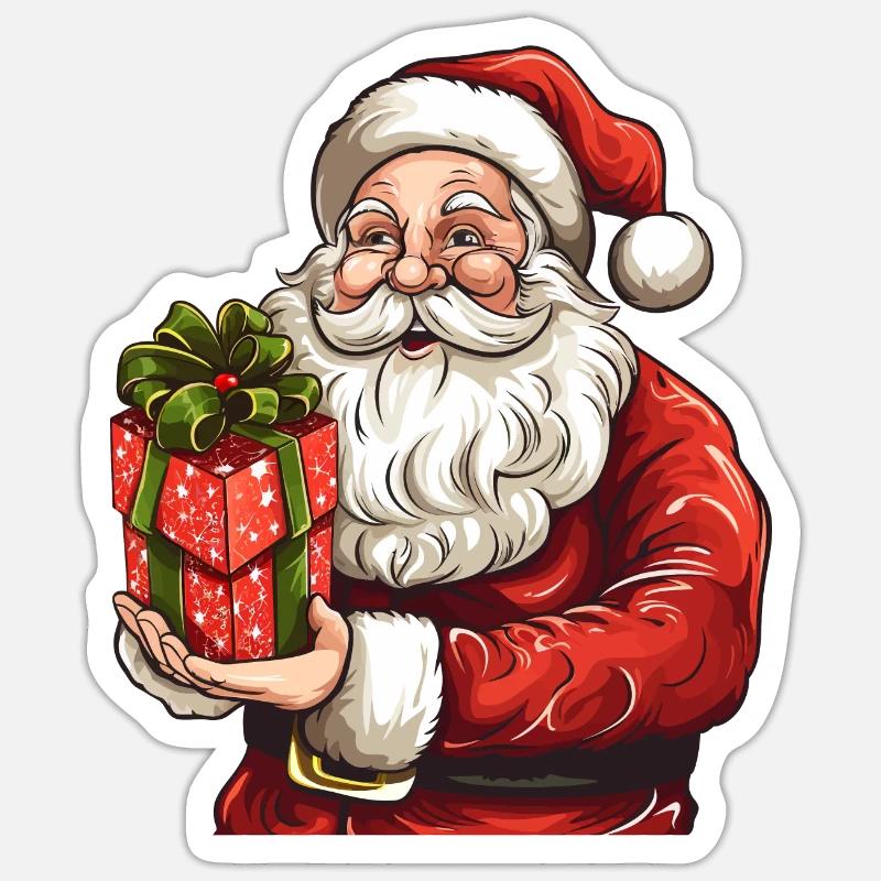 Knuffiger Weihnachtsmann mit Weihnachtsgeschenk - Sticker Größe S (10 x 10 cm) - Mattweiß