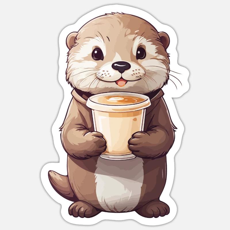 Otter Kaffeezeit Süßes Kaffee Tierdesign - Sticker Größe S (10 x 10 cm) - Mattweiß
