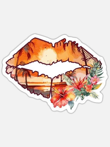 Sunset Beach Retro Tropical Lips Summer Vacation - Sticker Größe S (10 x 10 cm) - Mattweiß