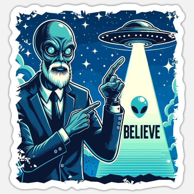 Drôle Alien Alien Croire - Sticker taille S (10 x 10 cm) - blanc mat