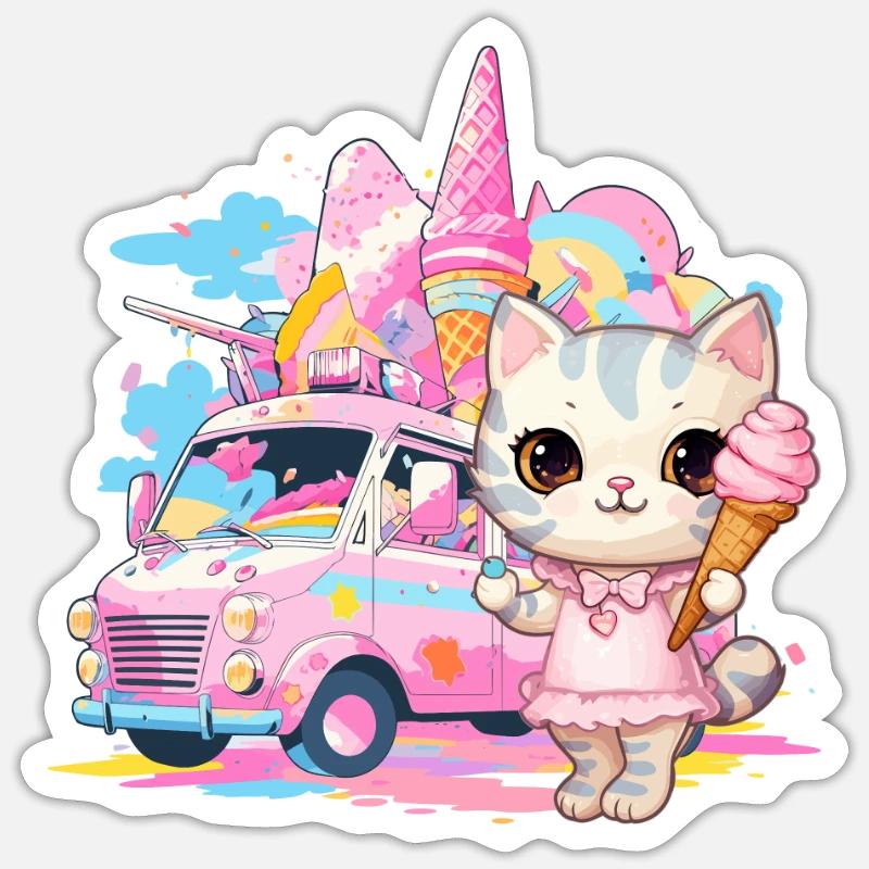 Katze Kätzchen-Mädchen Eisdielen Dessert-Eiscreme Sticker Größe S (10 x 10 cm)