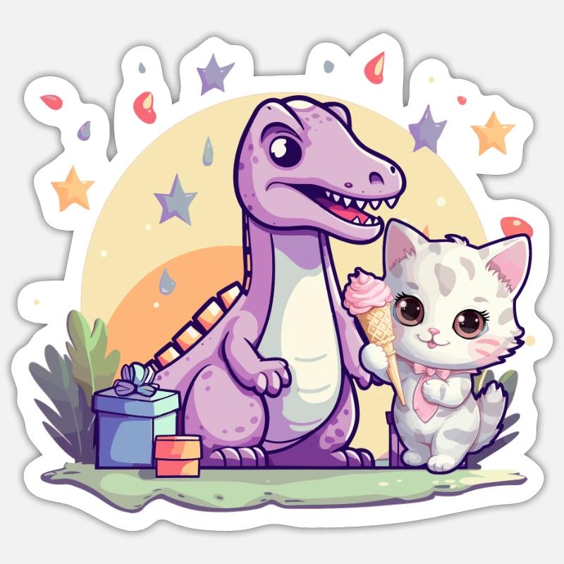 Katze Kätzchen-Mädchen Dinosaurier Eiscreme - Sticker Größe S (10 x 10 cm) - Mattweiß