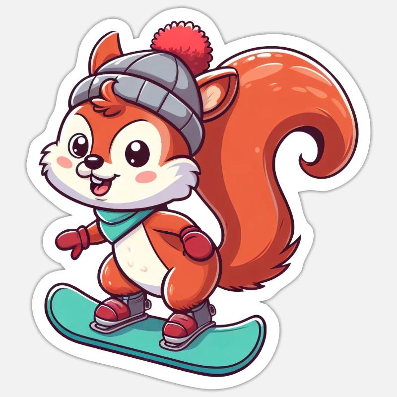 Winterabenteuer mit Eichhörnchen – Snowboard-Spaß - Sticker Größe S (10 x 10 cm) - Mattweiß