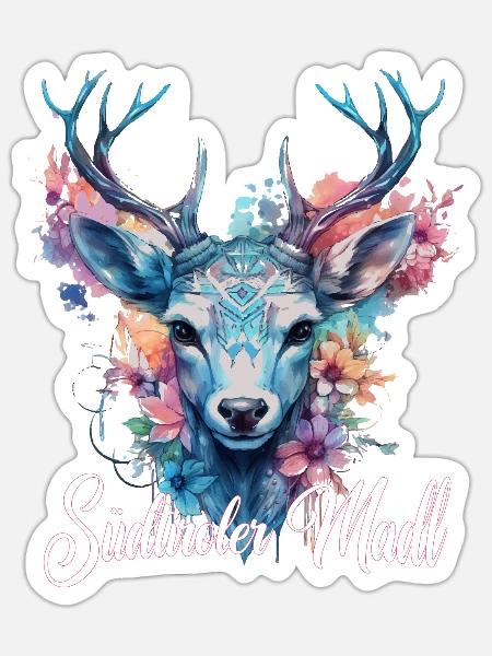 Südtiroler Madl T-Shirt mit Hirsch - Sticker Größe S (10 x 10 cm) - Mattweiß