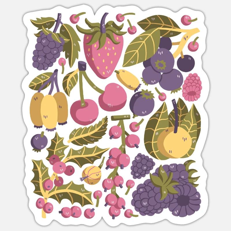 Beeren: Erdbeeren, Himbeeren, Blaubeeren, Kirschen - Sticker Größe S (10 x 10 cm) - Mattweiß