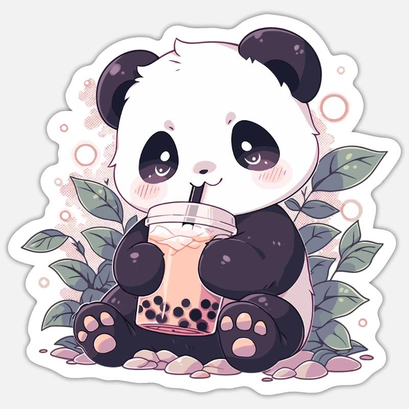 Kawaii Panda boit Boba Bubble Tea Chibi - Sticker taille S (10 x 10 cm) - blanc mat