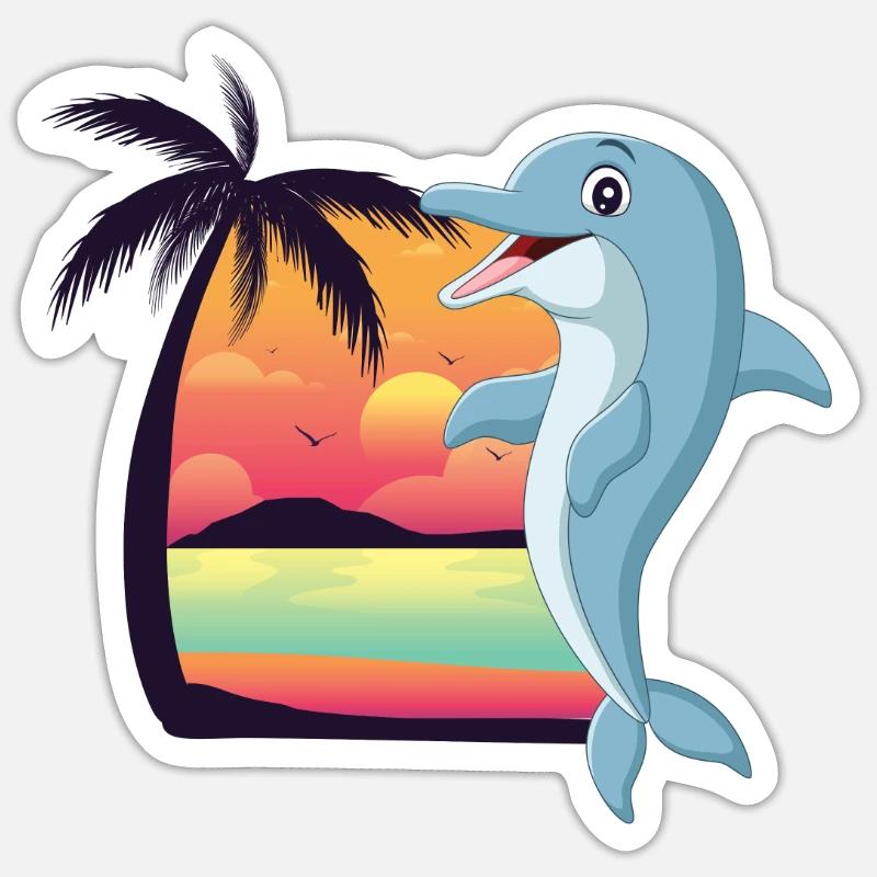 Dolphin Beach Palm Tree Sunset - Sticker Größe S (10 x 10 cm) - Mattweiß