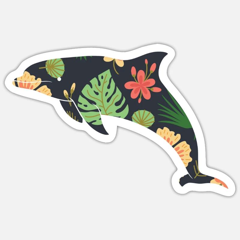 Dauphin Fleur Tropicale Floral - Sticker taille S (10 x 10 cm) - blanc mat
