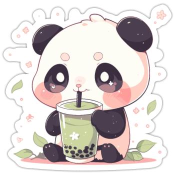 Kawaii Panda trinkt Boba Bubble Tea Chibi - Sticker Größe S (10 x 10 cm) - Mattweiß - Vorne