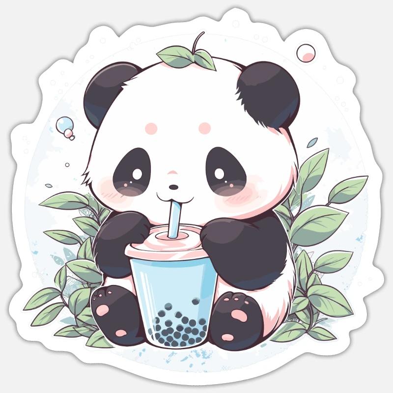 Kawaii Panda boit Boba Bubble Tea Chibi - Sticker taille S (10 x 10 cm) - blanc mat