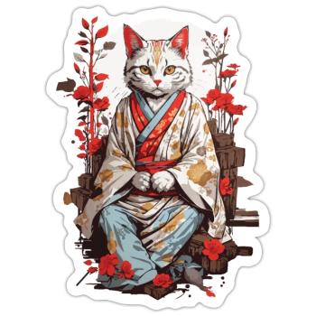 Japanische Kimono Katze Ukiyo-E Katzen Design - Sticker Größe S (10 x 10 cm) - Mattweiß - Vorne