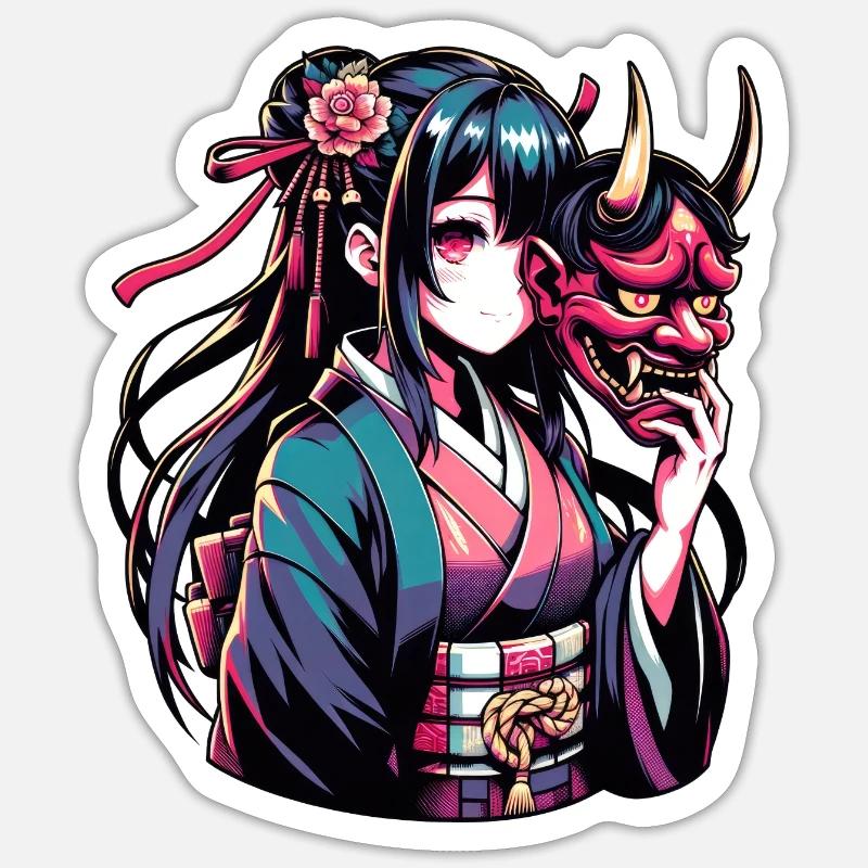 Fille d’anime avec masque d’Oni Sticker taille S (10 x 10 cm)