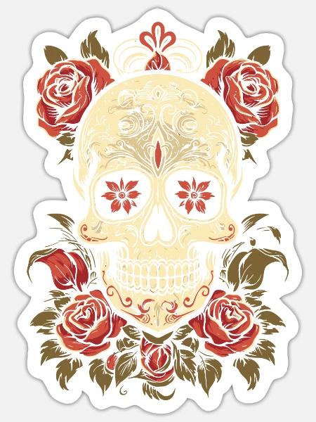 80s Rock Rosen Totenschädel - Sticker Größe S (10 x 10 cm) - Mattweiß