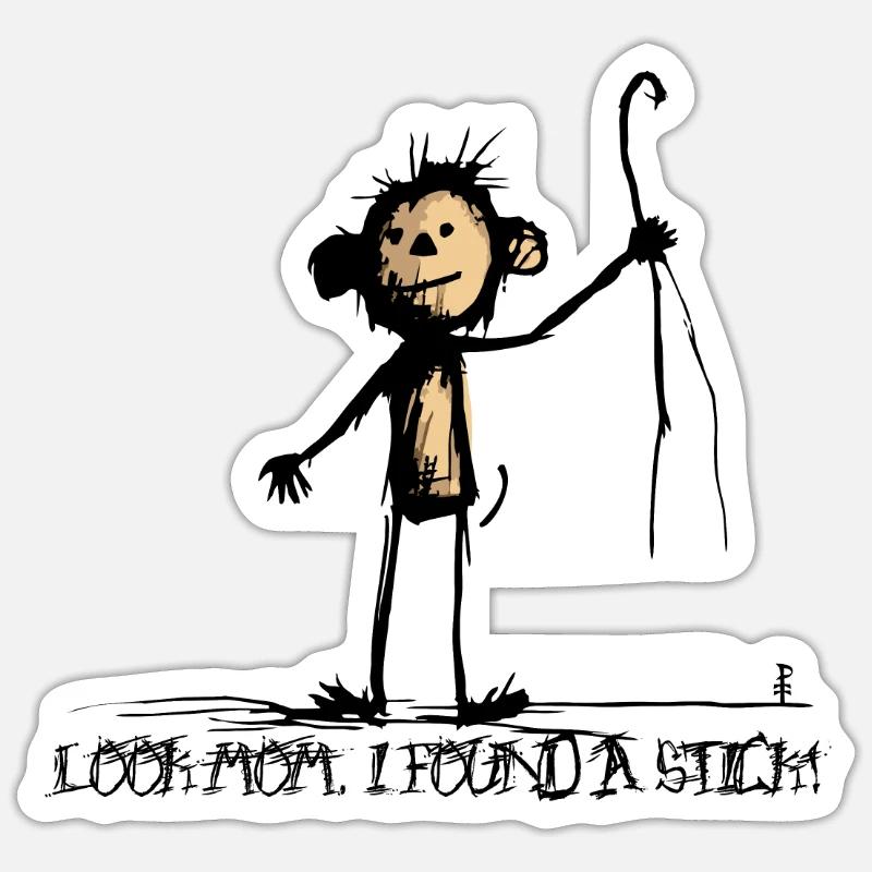 Monkey found a stick - Sticker size S (10 x 10 cm) - white matte