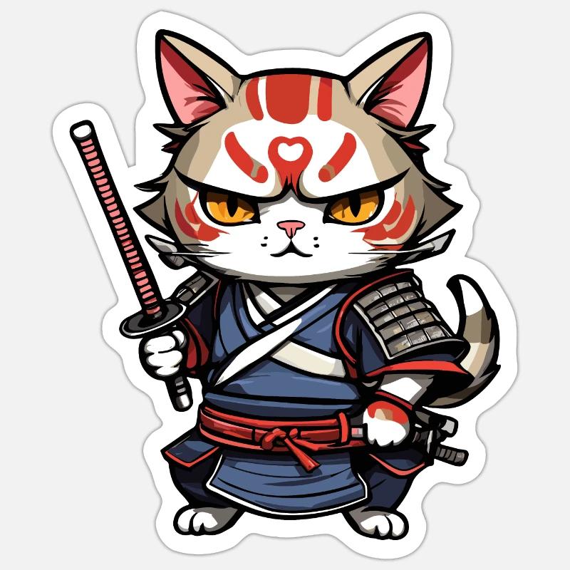 Samurai-Katze #7 - Sticker Größe S (10 x 10 cm) - Mattweiß